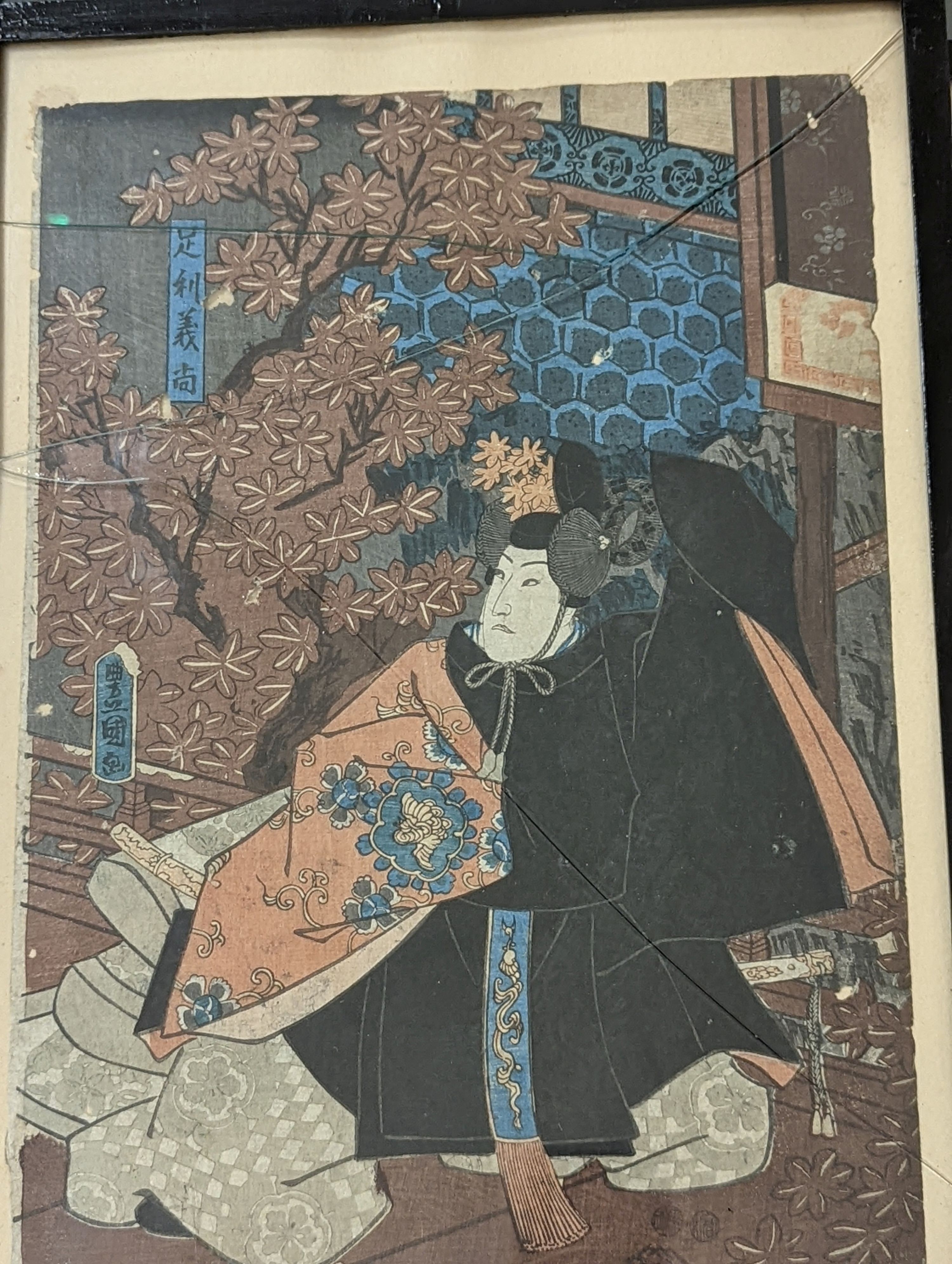 Kunyoshi (1847-48), woodblock print, Standing figure, 35 x 24cm, with five other assorted woodblock prints of Kabuki actors